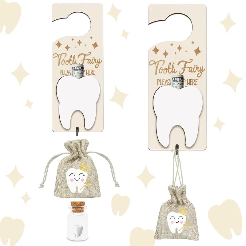 AINBIN Tooth Fairy Tooth Holder, Tooth Fairy Door Hanger with Money Slot, Keepsake Bottle & Burlap Pouch for Lost Teeth Milk Teeth, Encourage Gift for Boys Girls (Light Brown) - Image 1